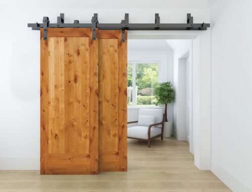 Knotty-Alder-11SVGKA-Black-Bent-Strap,-Bypass-Kit,-&-Add-a-Door-Barn-Door-Hardware-Kit